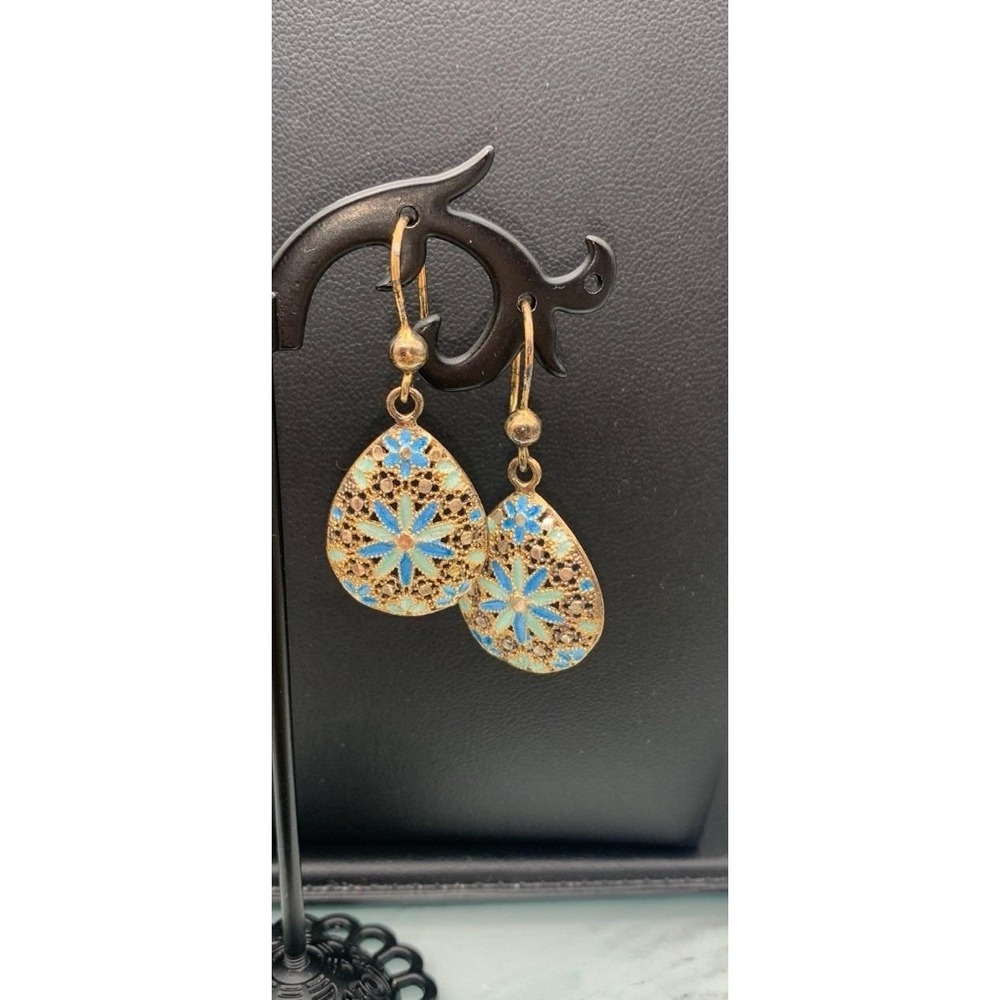Dyadema Earrings Filigree Gold Vermeil Over Sterling Blue Enamel Dangle Italy